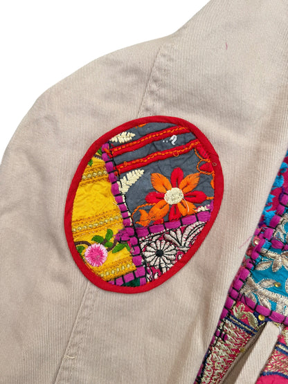 Boho Patchwork Saree Border Utility Jacket (Beige / Vintage Trim)