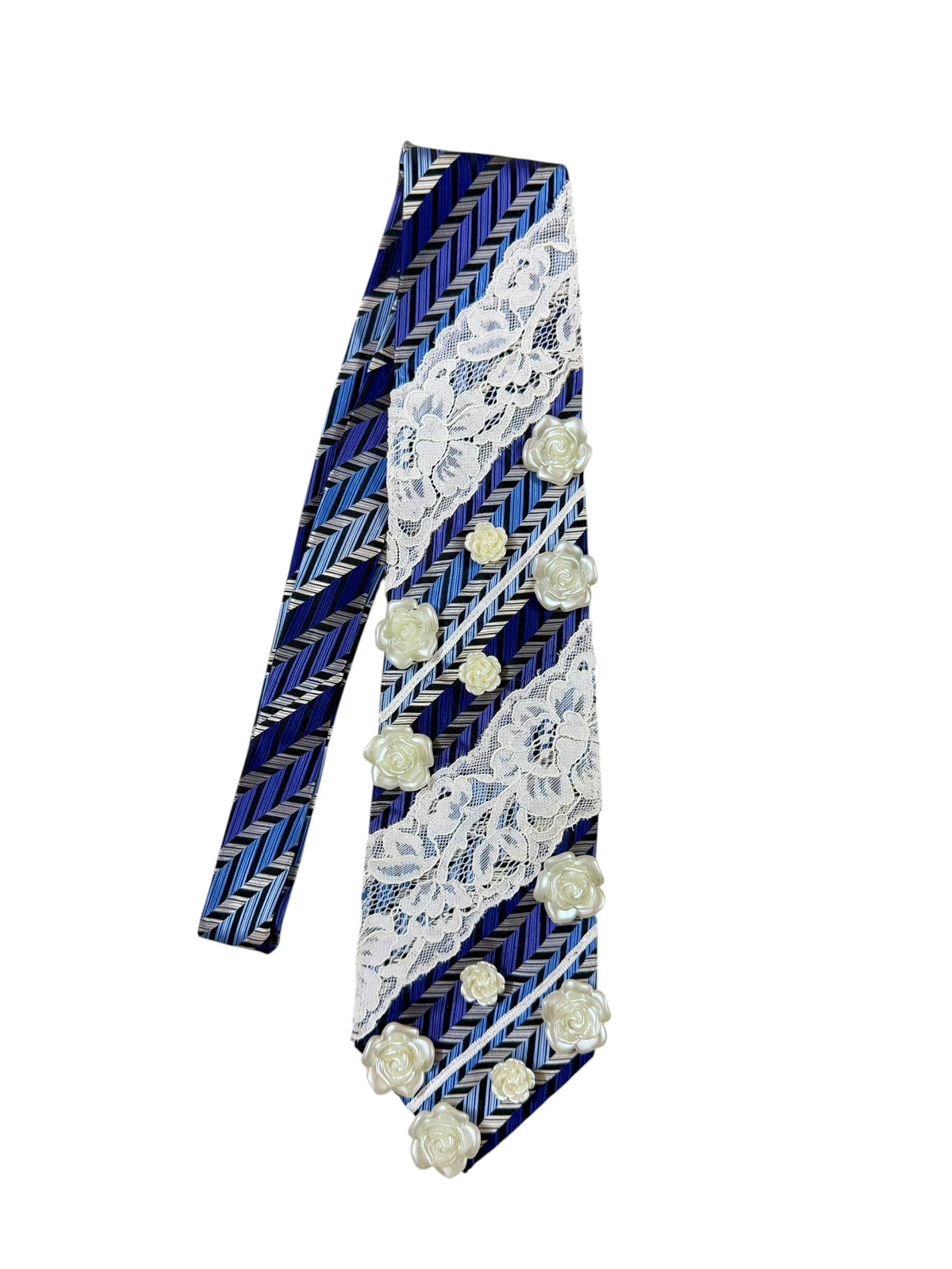 White lace  with Flower stud Handmade Vintage Silk Tie