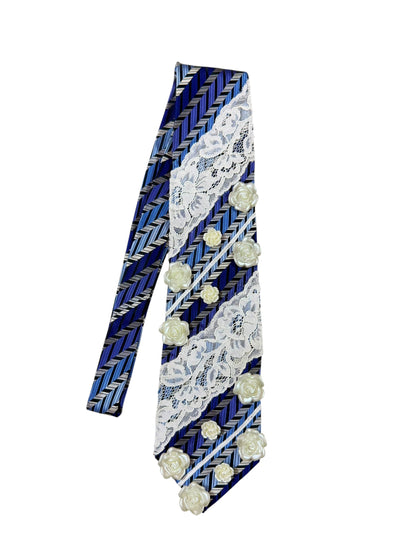 White lace  with Flower stud Handmade Vintage Silk Tie