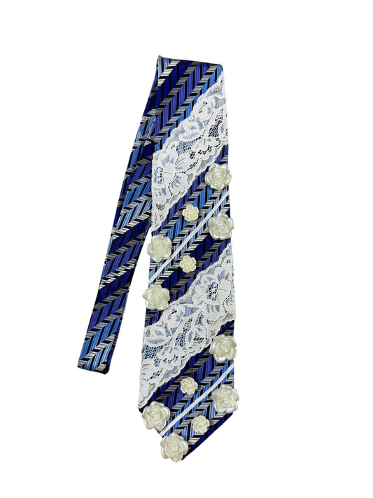 White lace  with Flower stud Handmade Vintage Silk Tie