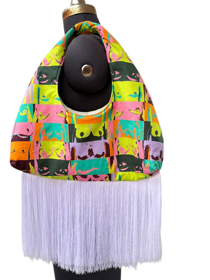 HANDMADE COTTON ABSTRACT PRINT FRINGE BAG
