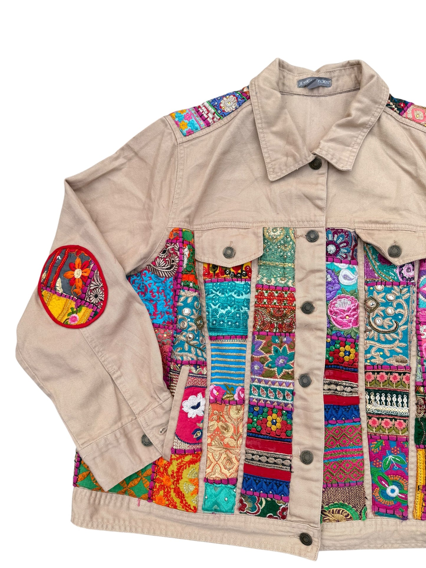 Boho Patchwork Saree Border Utility Jacket (Beige / Vintage Trim)