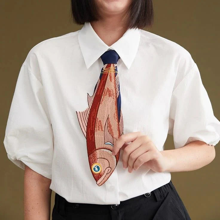 Embroidered fish tie