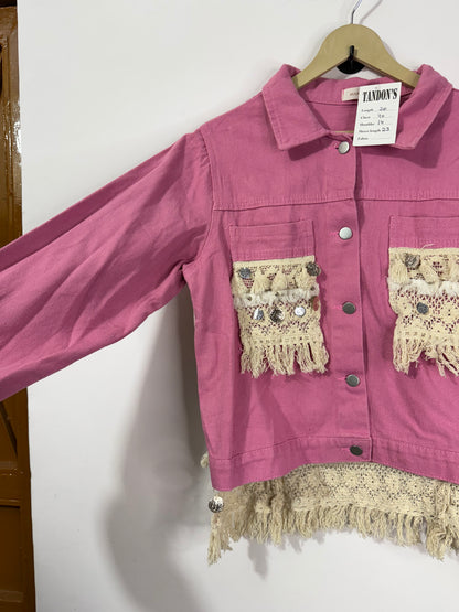 Customised lace fabric patch Denim Jacket