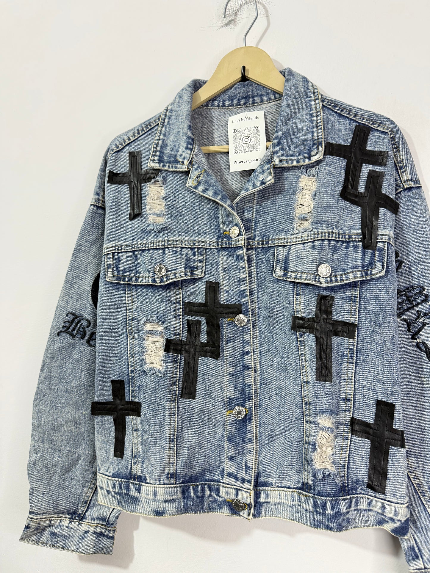 Customised leather Crosses patch Denim Jacket