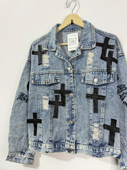 Customised leather Crosses patch Denim Jacket
