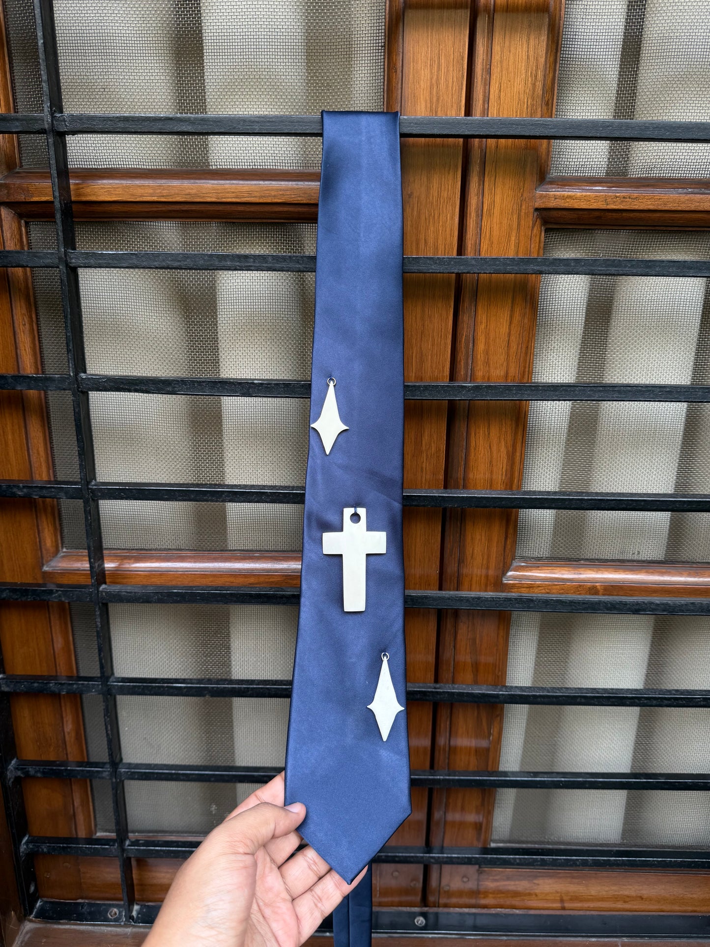 Off-White Cross Charm Handmade Vintage Silk Tie