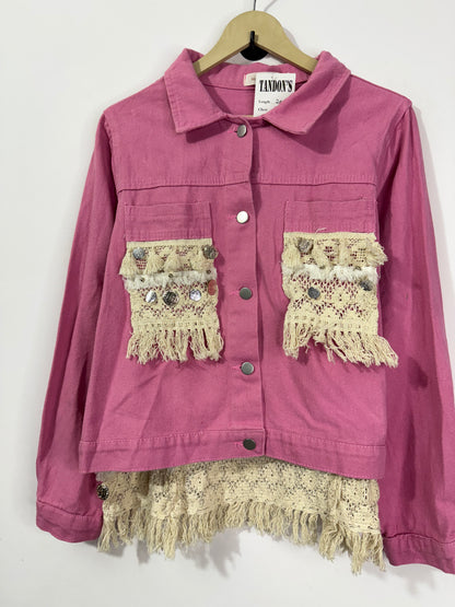 Customised lace fabric patch Denim Jacket