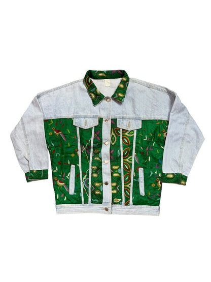 Upcycled Kantha Saree Denim Jacket (Emerald Floral / Bird Motif)