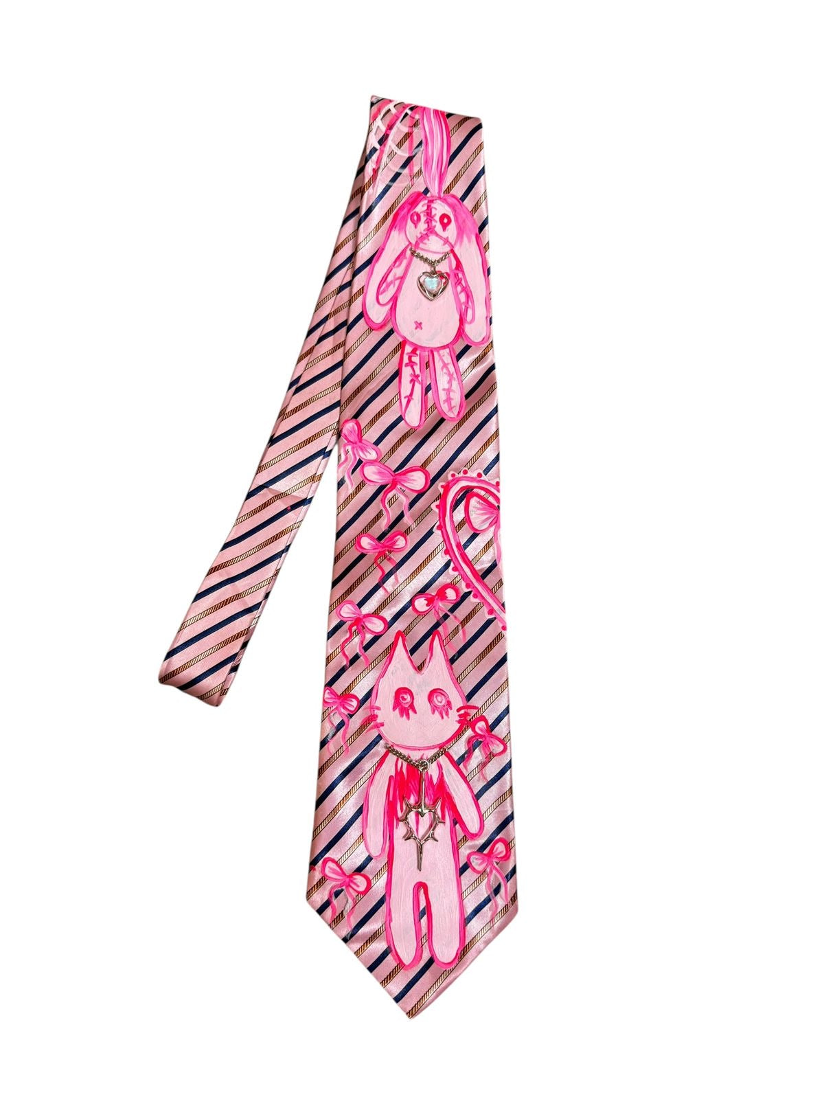 Hand-painted with Silver Chain and Charm Vintage Silk Tie