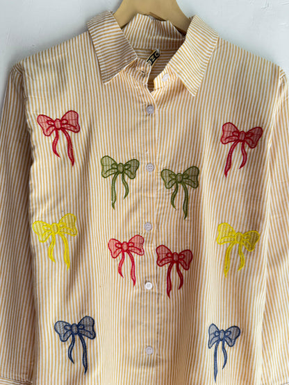 Bow Embroidered Cotton Striped Shirt