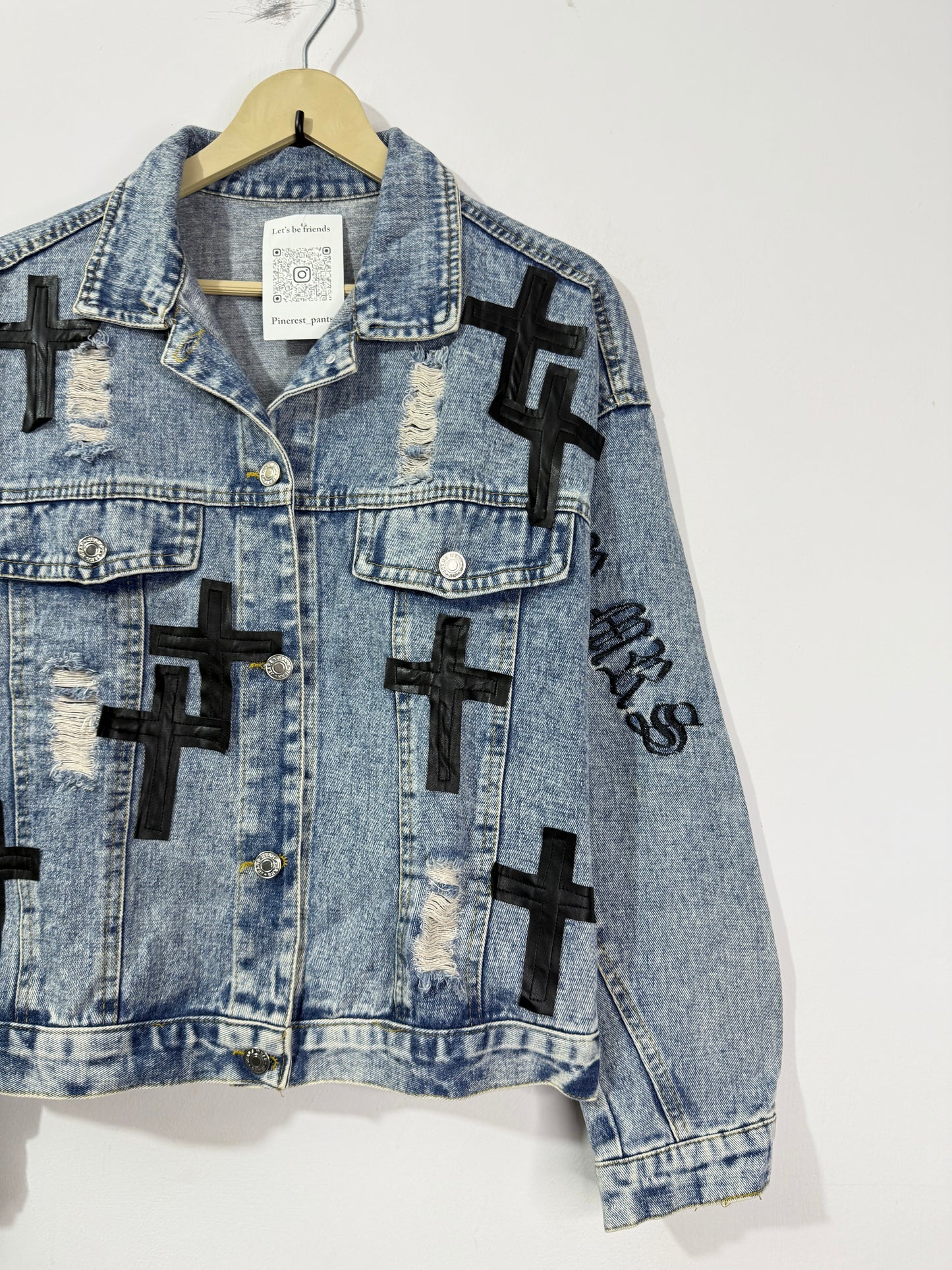 Customised leather Crosses patch Denim Jacket