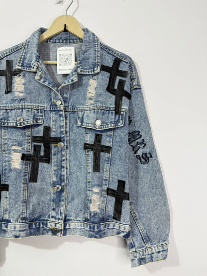 Customised leather Crosses patch Denim Jacket