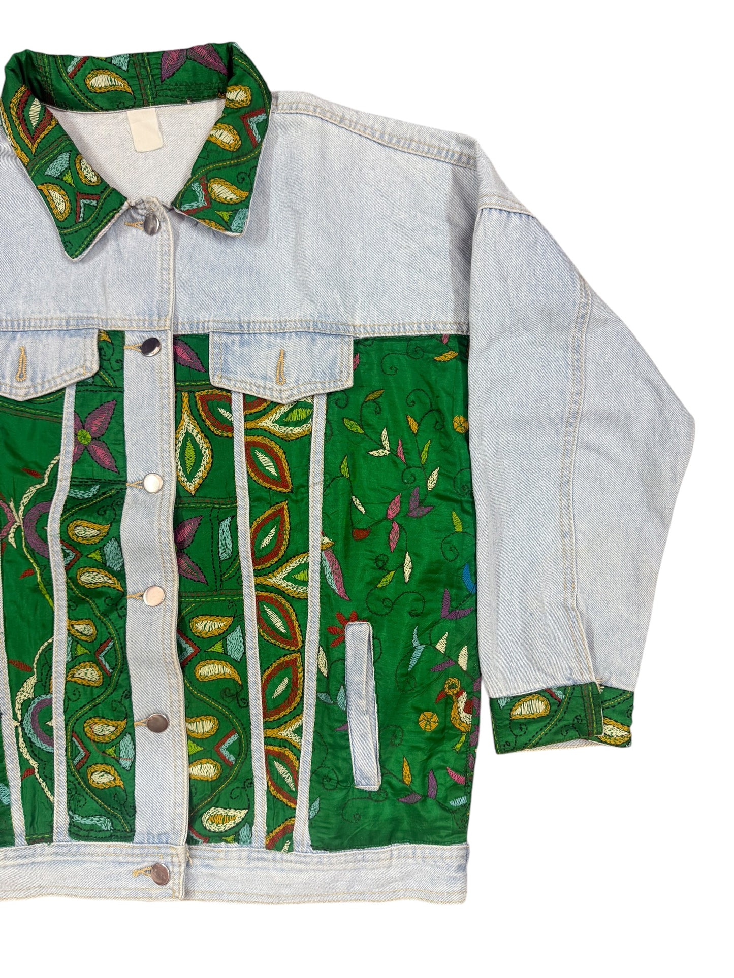 Upcycled Kantha Saree Denim Jacket (Emerald Floral / Bird Motif)