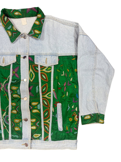 Upcycled Kantha Saree Denim Jacket (Emerald Floral / Bird Motif)