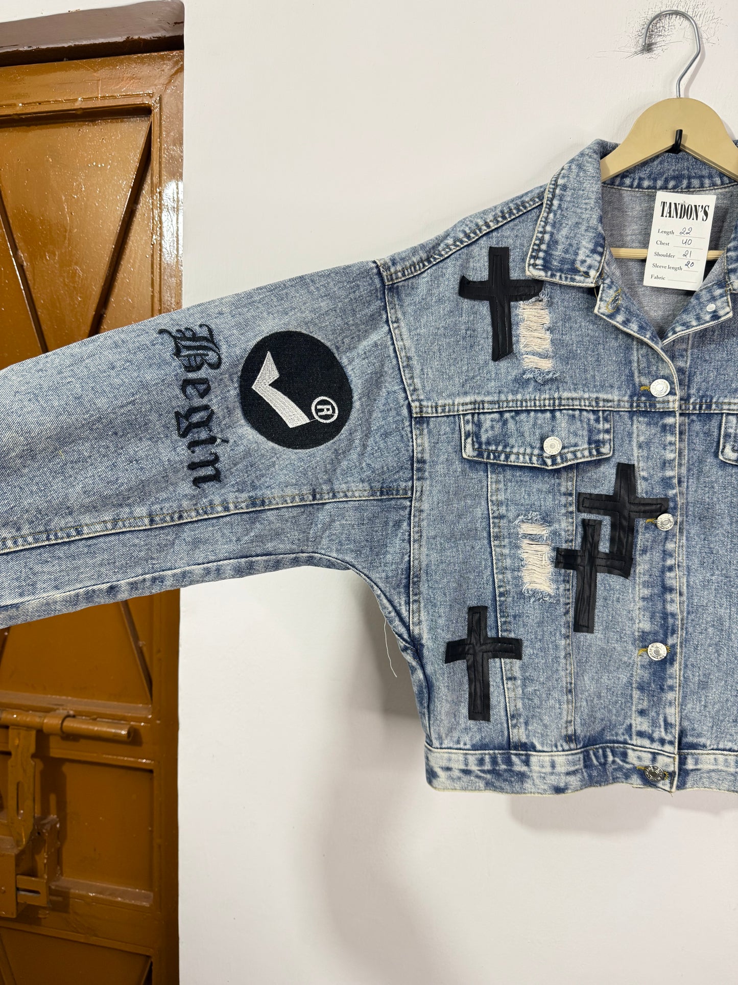 Customised leather Crosses patch Denim Jacket