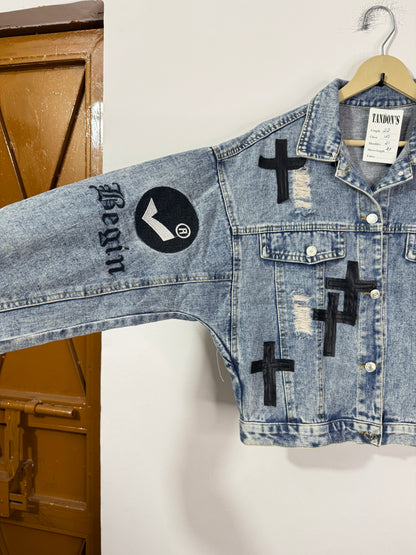 Customised leather Crosses patch Denim Jacket