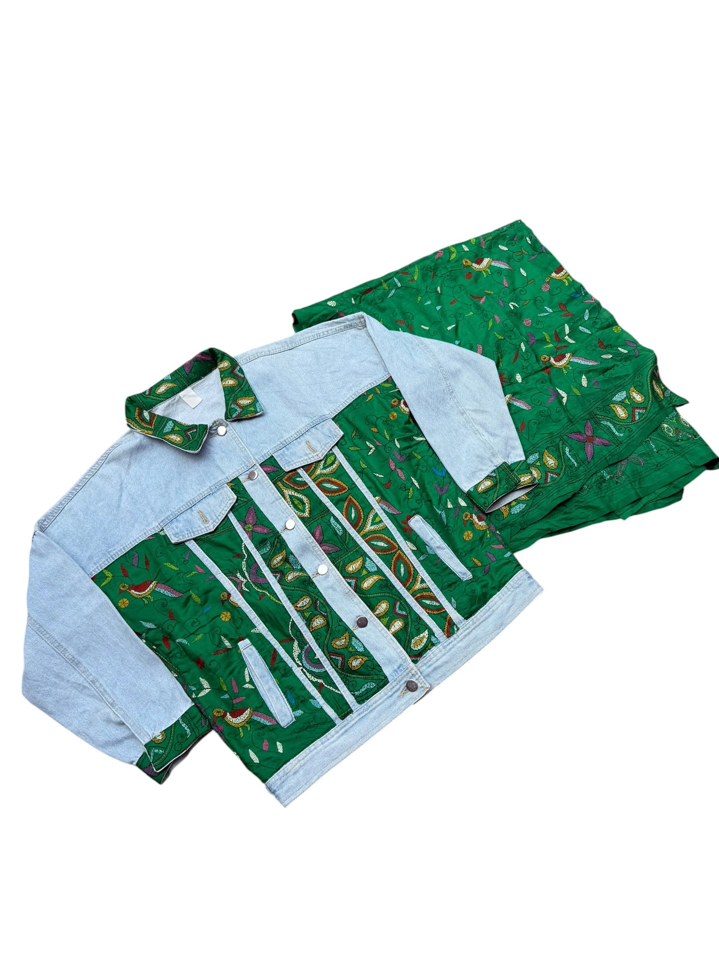 Upcycled Kantha Saree Denim Jacket (Emerald Floral / Bird Motif)