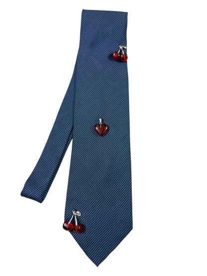 Silver Cherry Charm Handmade Vintage Silk Tie