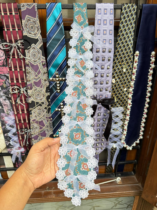 Lace with Ribbon bow Handmade Vintage Silk Tie