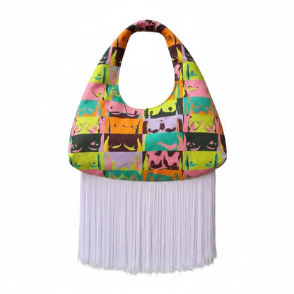 HANDMADE COTTON ABSTRACT PRINT FRINGE BAG