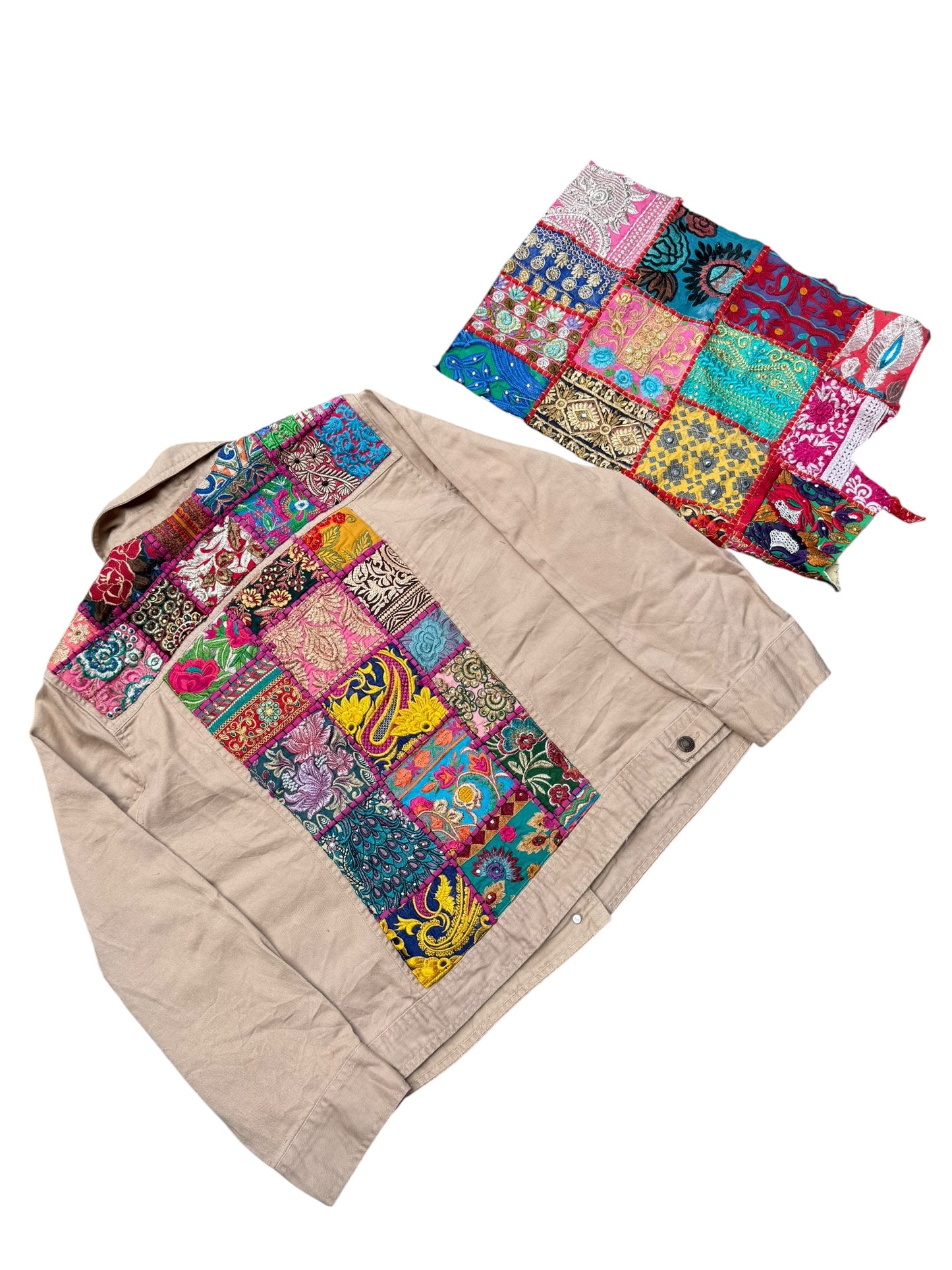 Boho Patchwork Saree Border Utility Jacket (Beige / Vintage Trim)