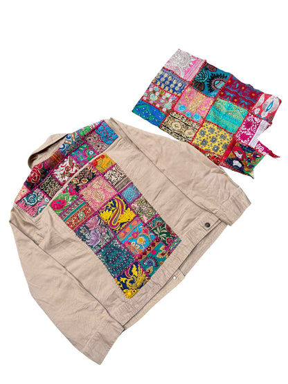 Boho Patchwork Saree Border Utility Jacket (Beige / Vintage Trim)