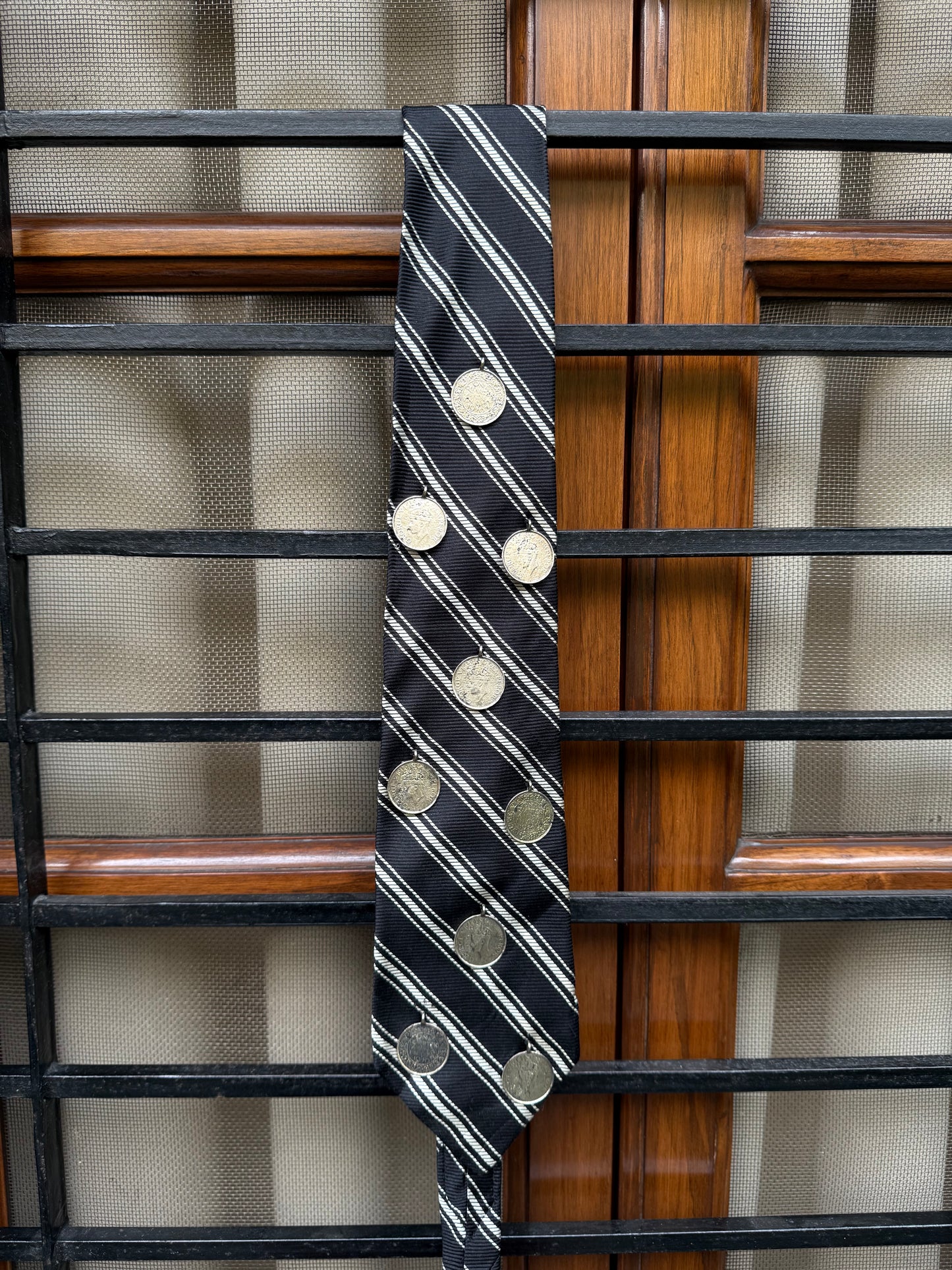 Silver coin charms Handmade Vintage Silk Tie