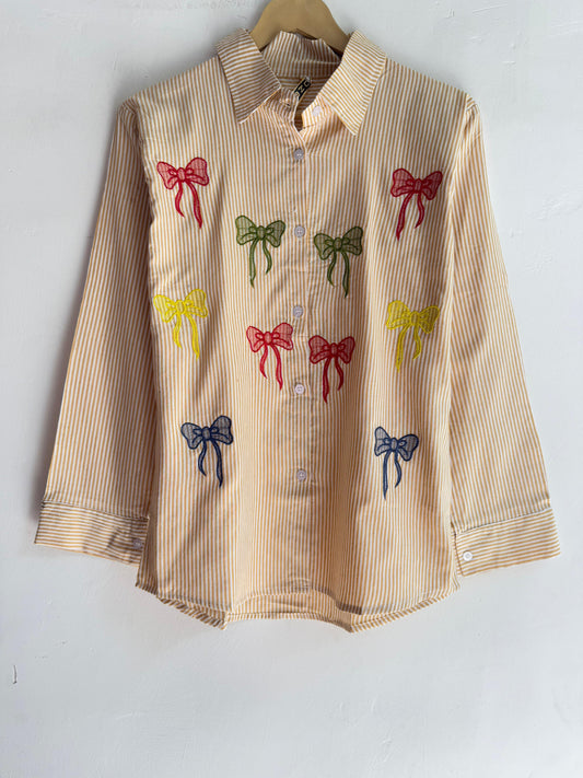 Bow Embroidered Cotton Striped Shirt
