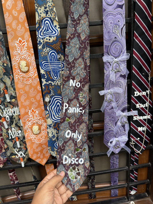No Panic, Only Doisco Handpainted & Mirror Work nvintage silk tie
